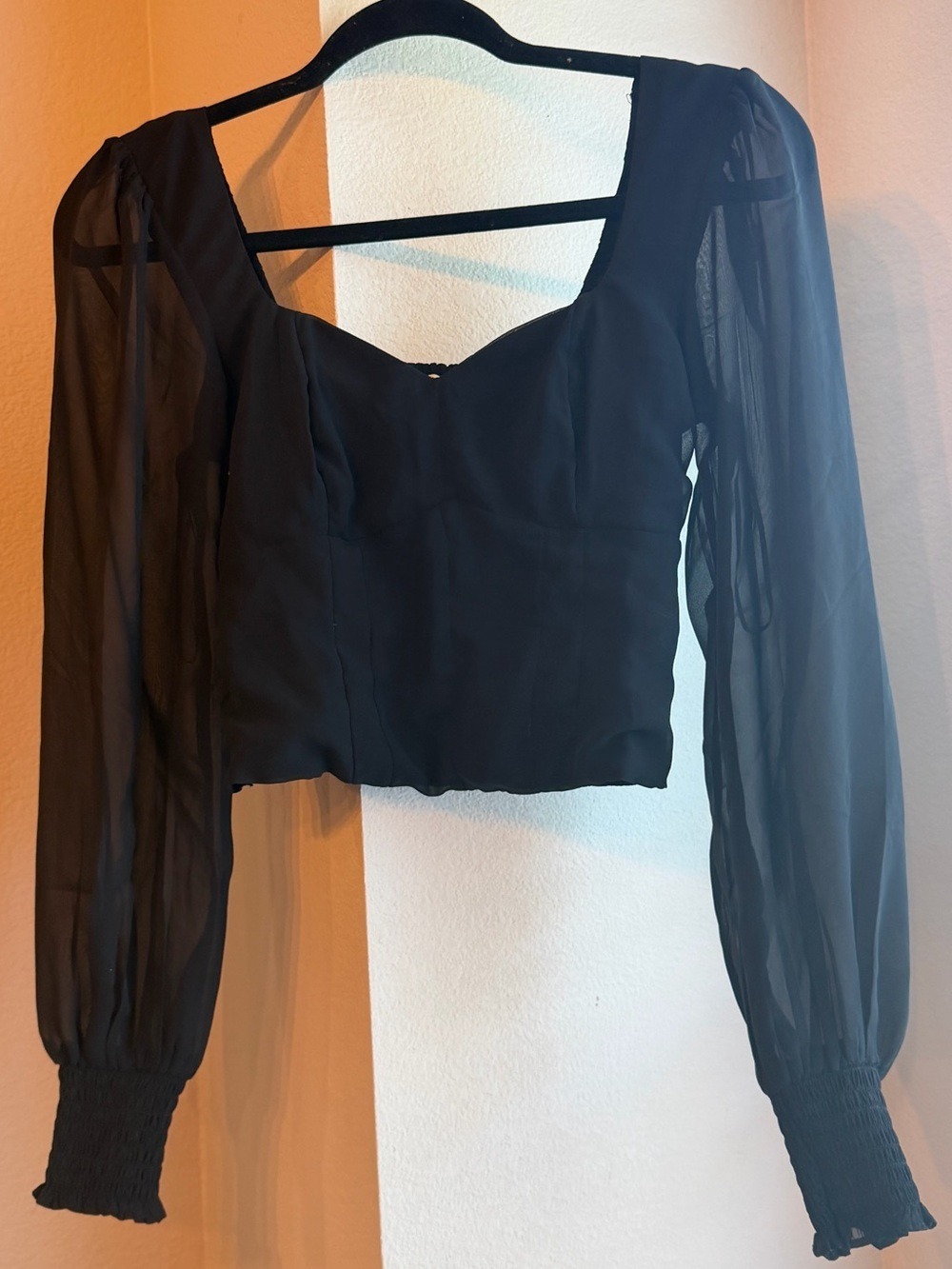 Abercrombie & Fitch Black Sheer Sleeve Smocked Sweetheart Crop Top, Size XS